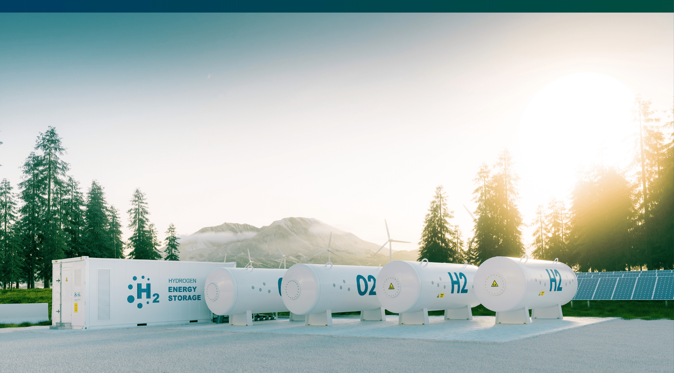 Modern container hydrogen energy storage power plant system accompanied with solar panels and wind turbine system situated in nature with Mount St. Helens in background. 3d rendering.