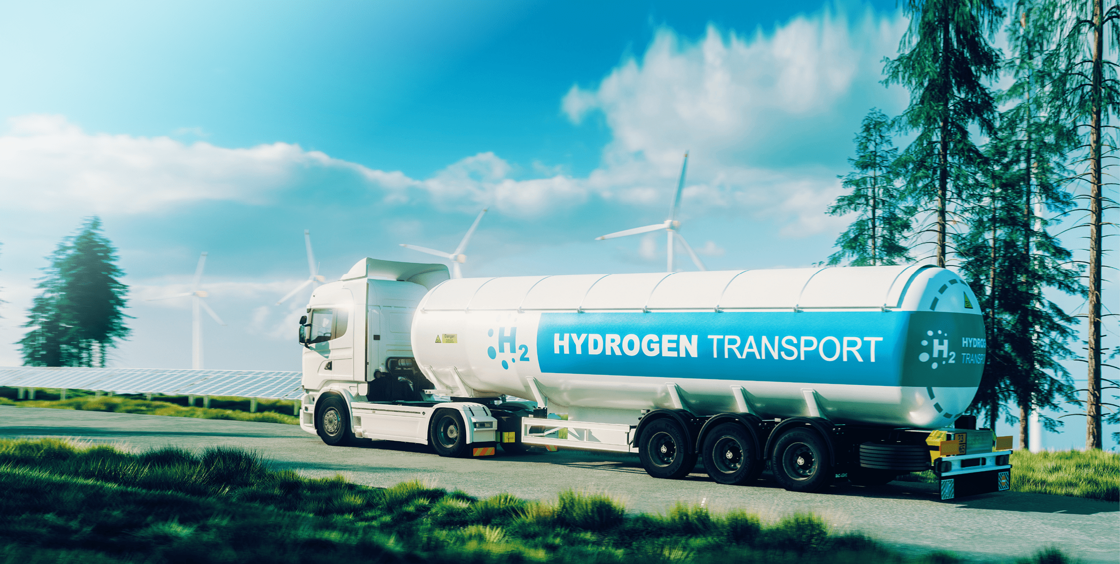 Hydrogen gas transportation concept. Truck with gas tank trailer in fresh nature with solar panel and wind turbine in background. 3d rendering.