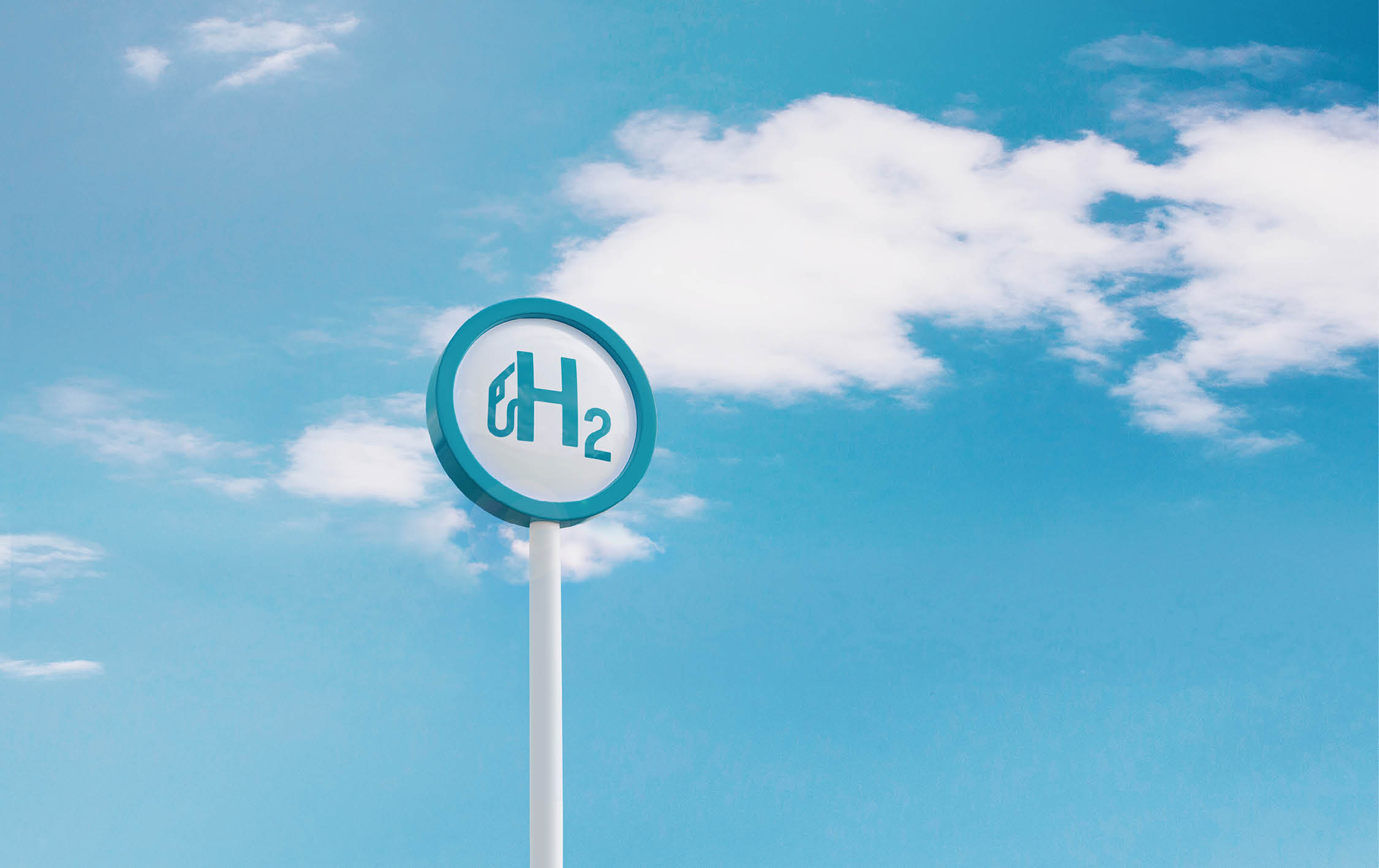 Hydrogen fuel logo sign on blue sky background with copy space. 3d illustration.