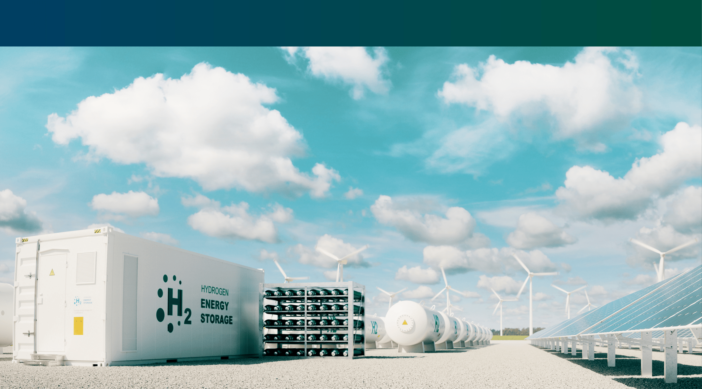 Modern hydrogen energy storage system accompaind by large solar power plant and wind turbine park in sunny summer afteroon light with blue sky and scattered clouds. 3d rendering.