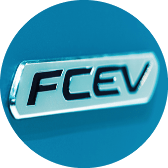 Close up of nameplate FСEV (Fuel cell electric vehicle) on board of hydrogen powered car.