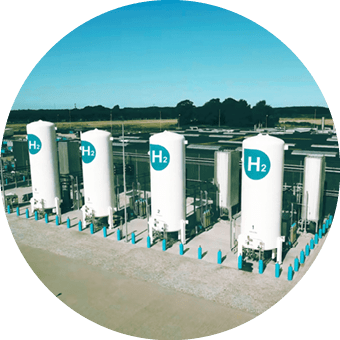 View of a green hydrogen plant, with five hydrogen storage tanks.