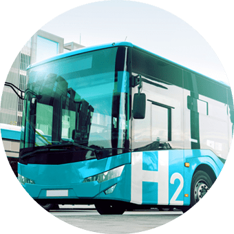 Hydrogen fuel cell bus and airplane in the sky. Clean mobility concept